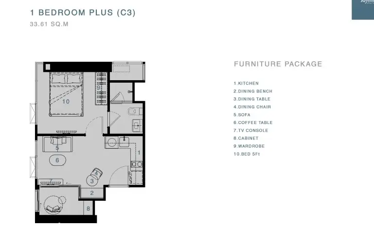 Modern 1-bedroom plus layout with furniture package, featuring a spacious living area and efficient design.