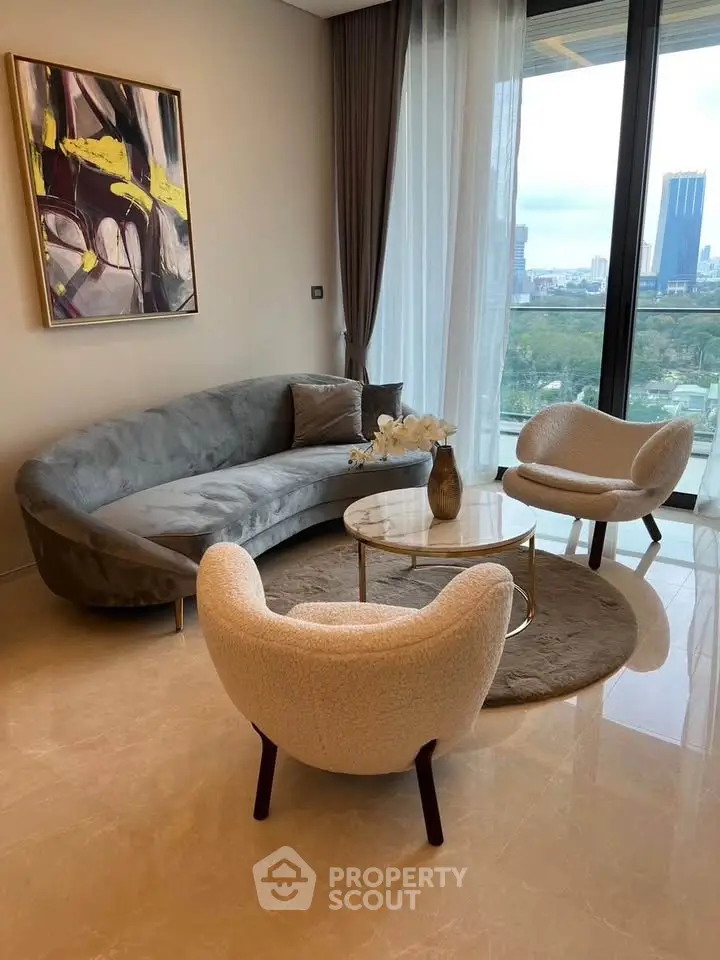 Luxurious modern living room with elegant furniture and stunning city view.