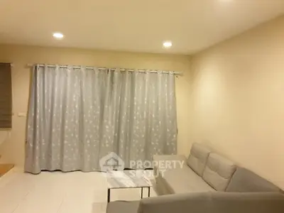 Cozy living room with modern gray sofa and elegant curtains