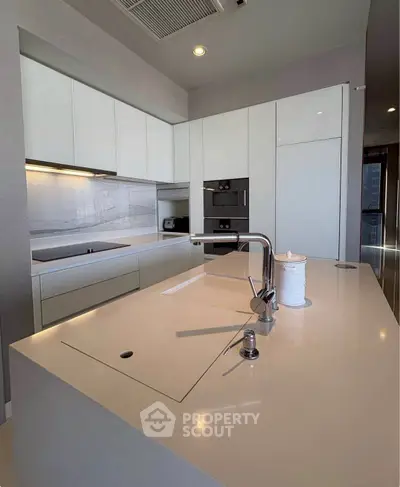 Modern kitchen with sleek white cabinetry and built-in appliances