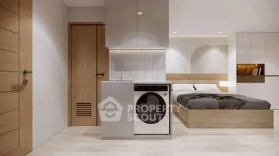 Modern bedroom with integrated laundry area and sleek design