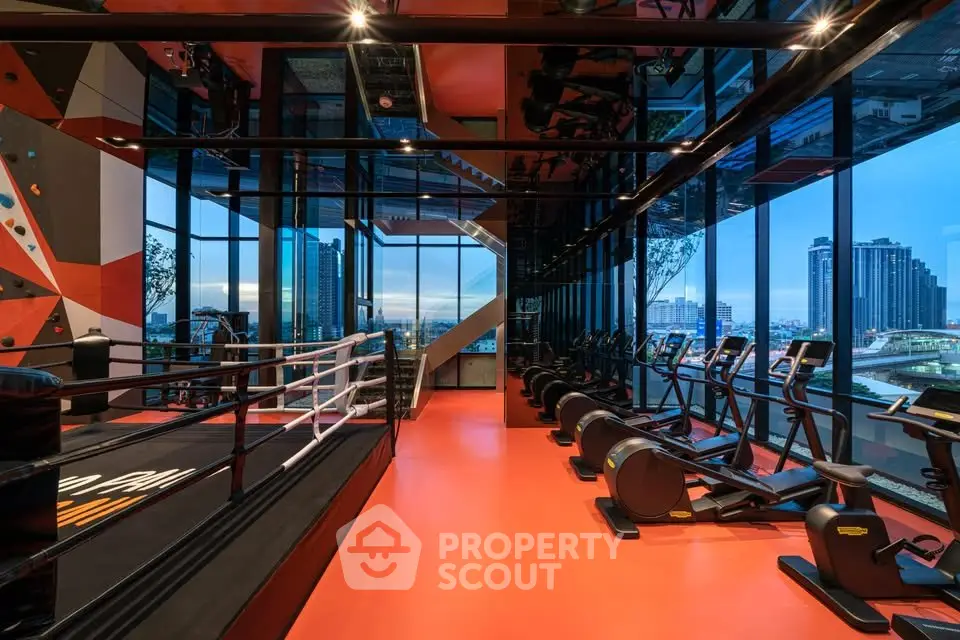 Luxurious high-rise gym with city views and modern fitness equipment