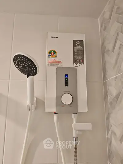 Modern bathroom with energy-efficient water heater and stylish showerhead
