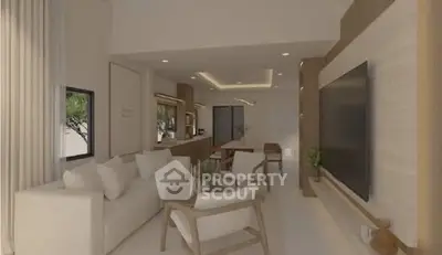 Modern living room with elegant furniture and open layout, featuring a large wall-mounted TV.