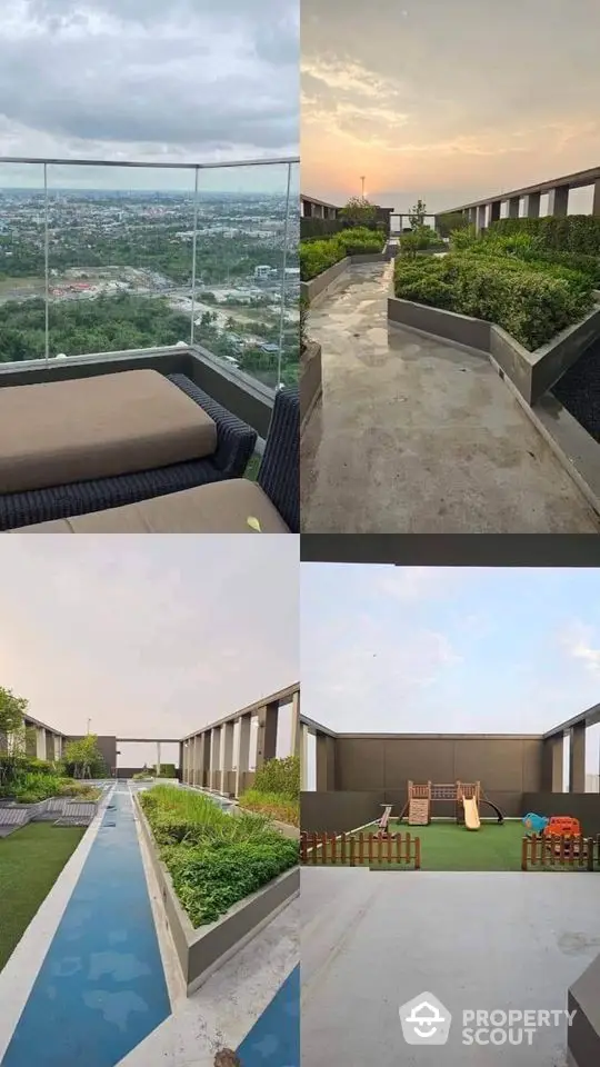 Stunning rooftop garden with panoramic views and modern amenities for relaxation and play.