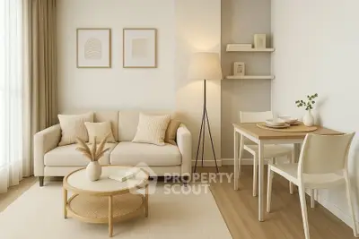 Modern minimalist living room with cozy beige sofa and stylish decor