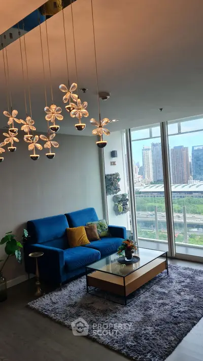 Modern living room with stunning city view and elegant lighting