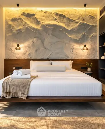 Luxurious bedroom with modern design and ambient lighting, featuring a stylish textured wall and elegant decor.