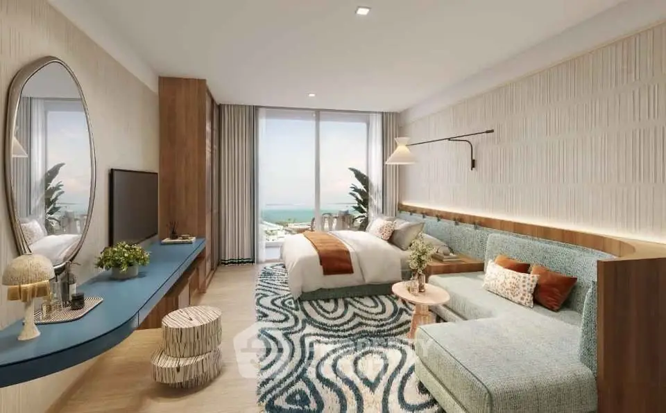 Luxurious bedroom with ocean view, stylish decor, and modern furnishings.