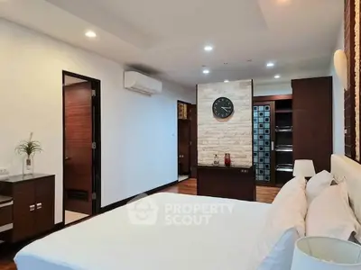 Spacious modern bedroom with elegant decor and walk-in closet