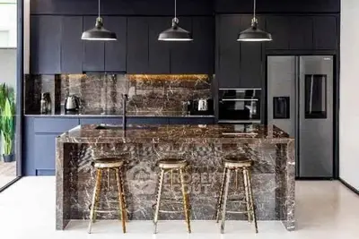 Luxurious modern kitchen with marble island and sleek black cabinetry, featuring stainless steel appliances.