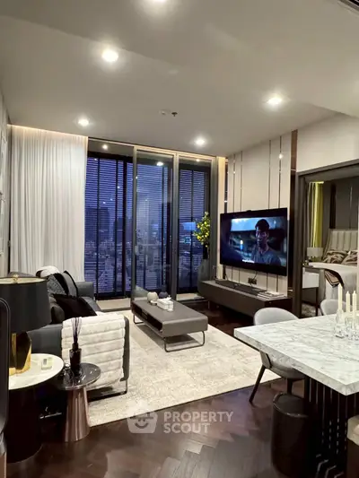 Luxurious modern living room with city view and elegant decor