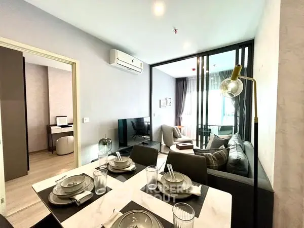 Modern living room with dining area and stylish decor