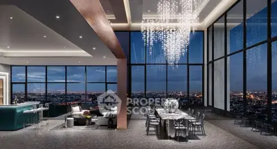 Luxurious penthouse with panoramic city views and elegant chandelier lighting