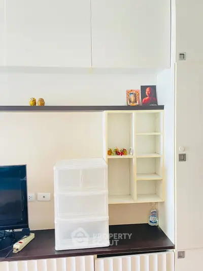 Modern living room with sleek storage solutions and minimalist decor