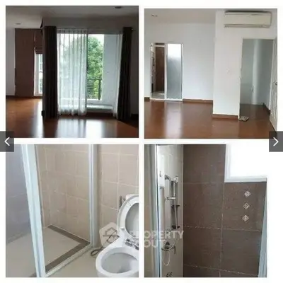 Spacious apartment interior with large windows and modern bathroom fittings.