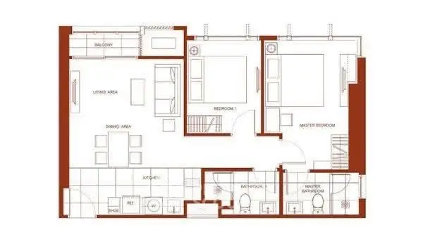 Modern apartment floor plan with two bedrooms and open living area.