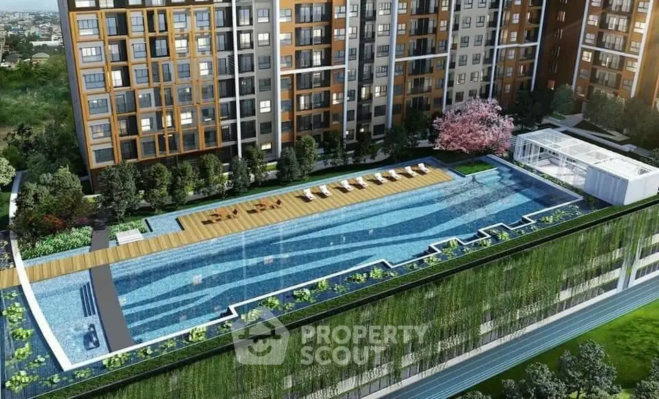 Luxurious apartment complex with stunning rooftop pool and lush greenery.