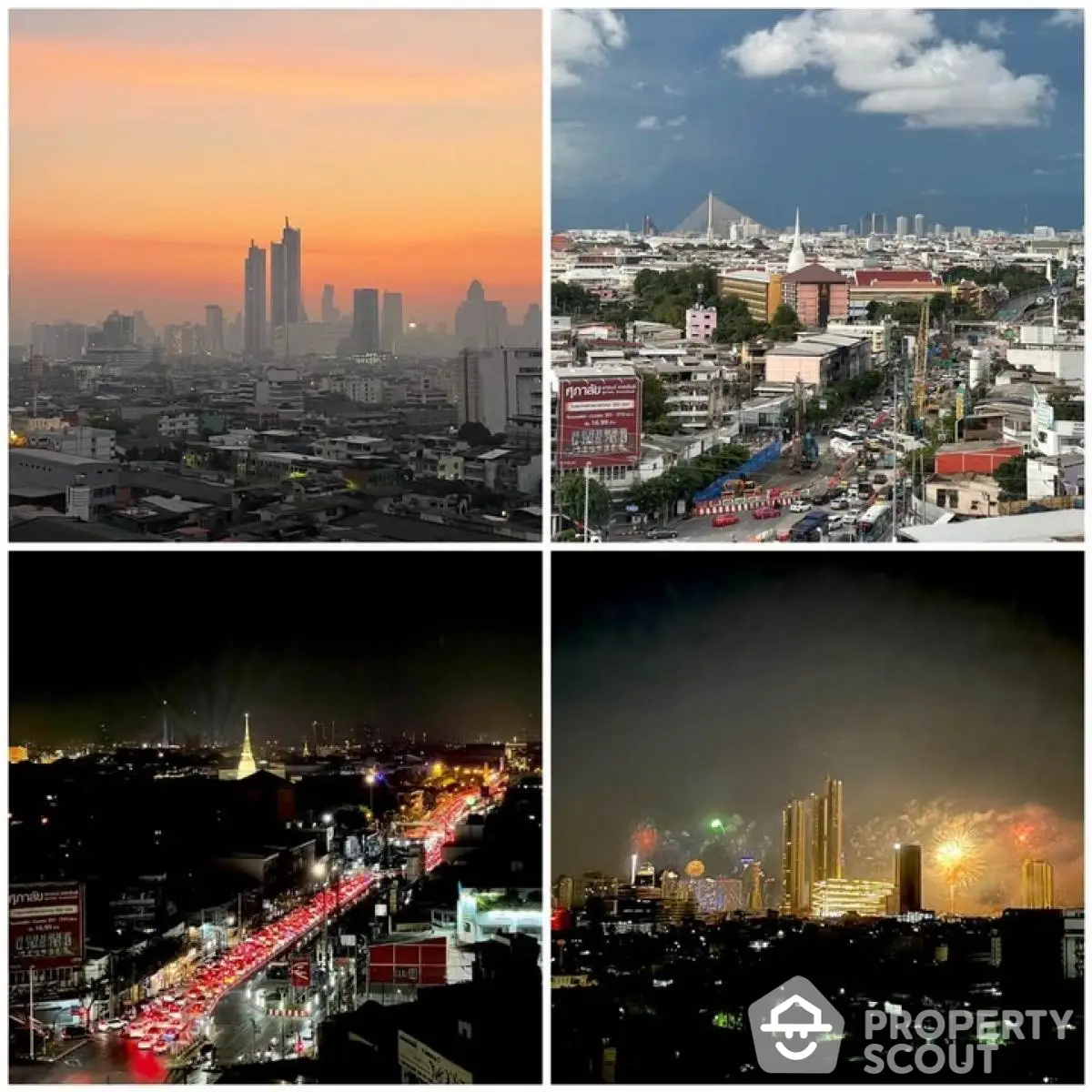 Stunning cityscape views showcasing vibrant skyline and dynamic urban life at different times of day.