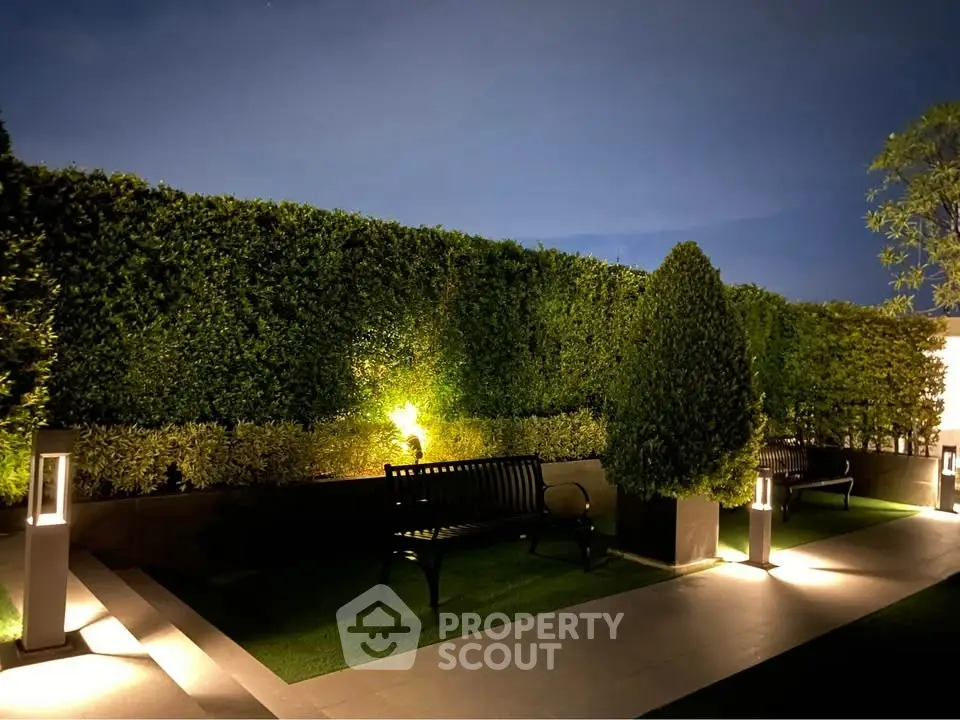 Elegant garden with ambient lighting and lush greenery, perfect for evening relaxation.