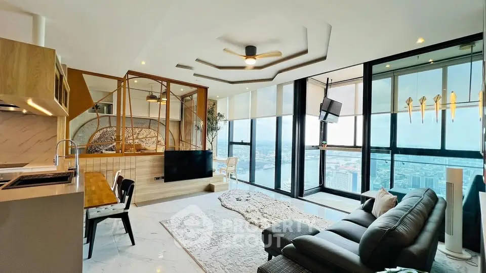 Luxurious modern living room with panoramic city view and stylish decor