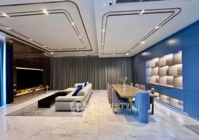 Luxurious modern living room with elegant dining area and stylish lighting