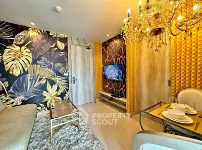 Luxurious living room with elegant chandelier and modern decor