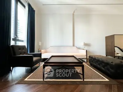 Elegant living room with modern furniture and large windows, perfect for urban living.