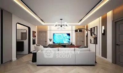 Modern living room with stylish decor and large sofa, featuring a sleek entertainment center and ambient lighting.