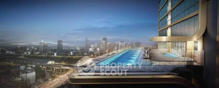 Luxurious rooftop infinity pool with stunning city skyline view at dusk.