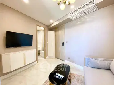 Modern living room with sleek design and wall-mounted TV