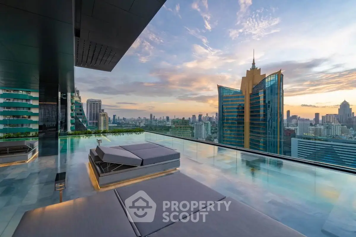 Luxurious rooftop with stunning cityscape view and modern lounge area at sunset.