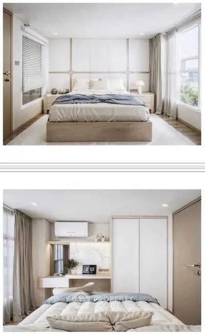 Luxurious modern bedroom with elegant decor and large windows offering natural light.