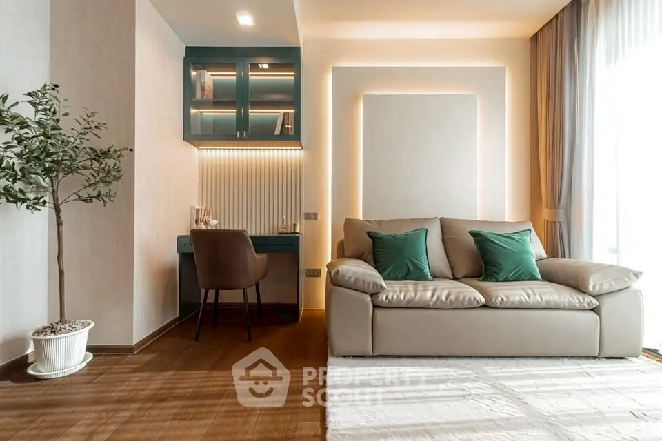 Stylish living room with cozy sofa, elegant desk, and ambient lighting.