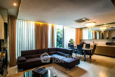 Luxurious modern living room with elegant dining area and ambient lighting