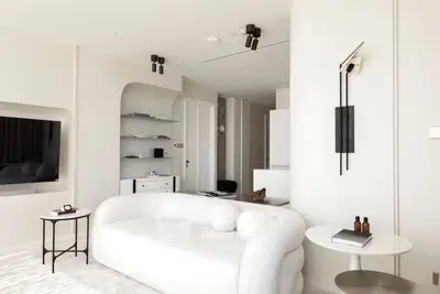 Modern minimalist living room with white sofa and sleek decor