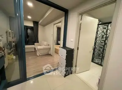 Modern apartment interior with cozy living room and stylish bathroom