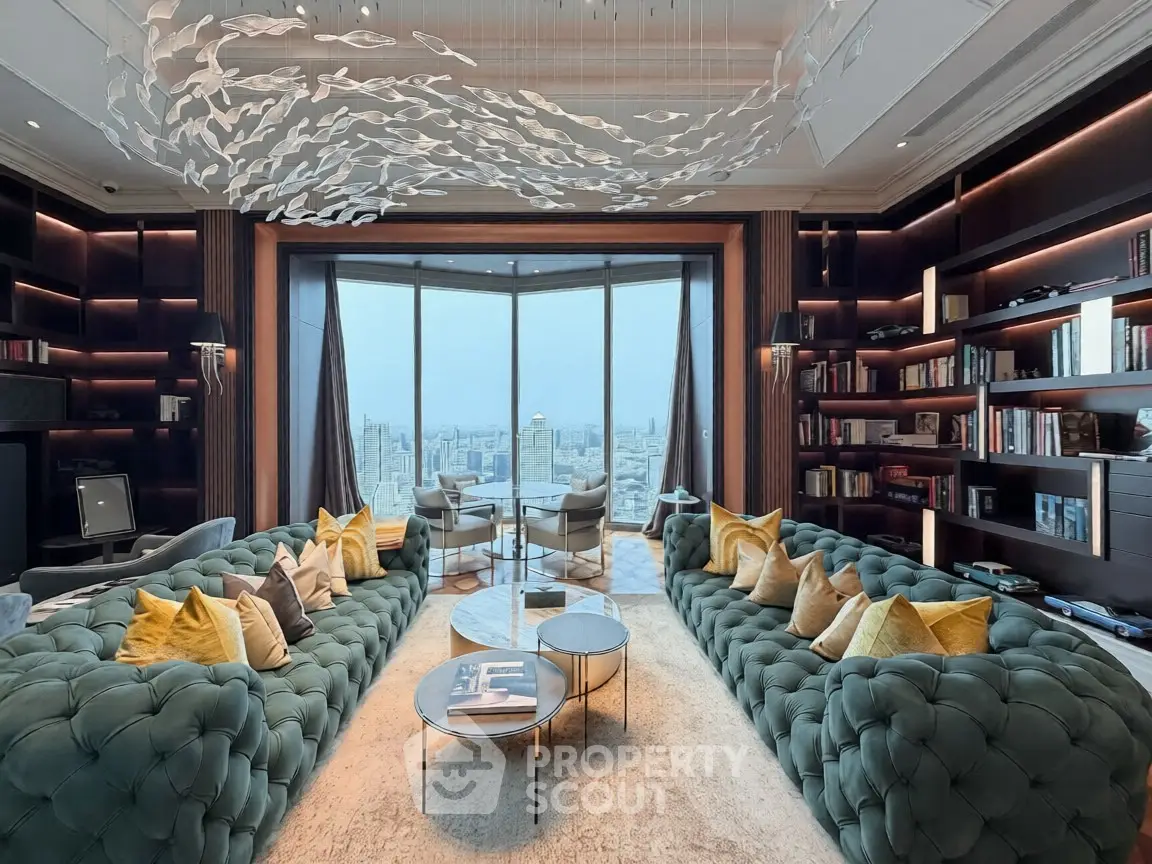 Luxurious living room with panoramic city view, plush seating, and elegant decor in high-end apartment.