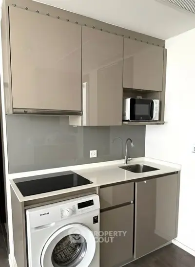 Modern compact kitchen with sleek cabinets, washing machine, and microwave, ideal for urban living.