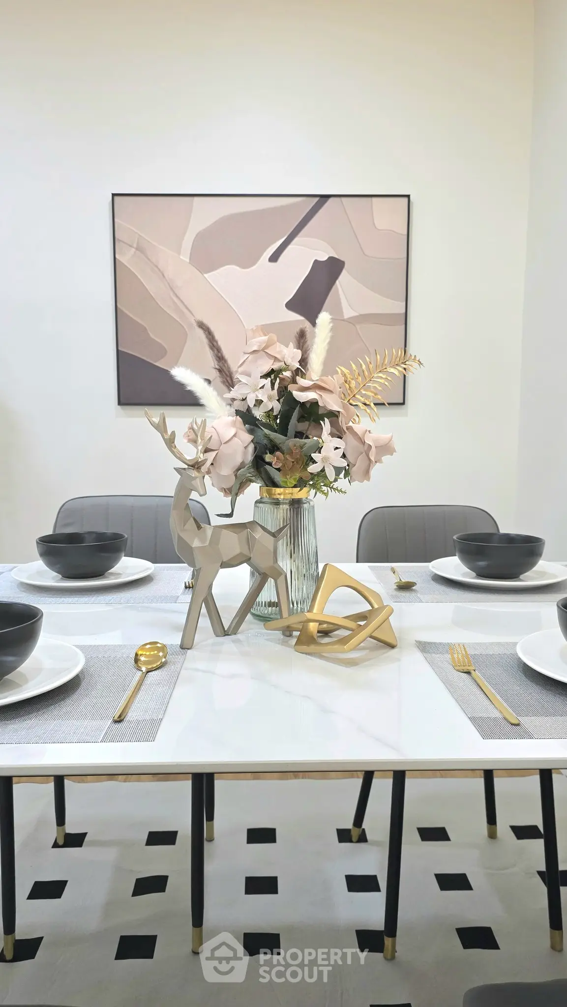 Elegant dining room with modern decor and stylish table setting
