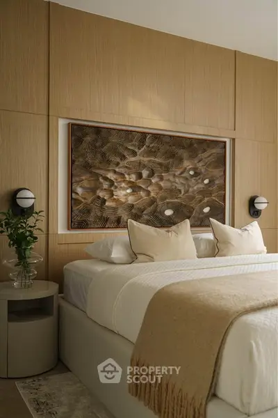 Luxurious bedroom with elegant decor and modern art piece above the bed, creating a serene ambiance.