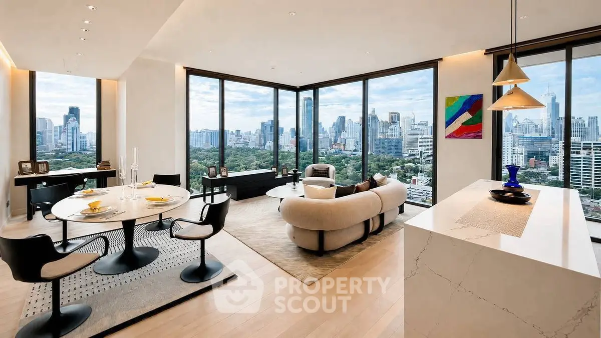 Luxurious modern living room with panoramic city views and elegant furnishings.