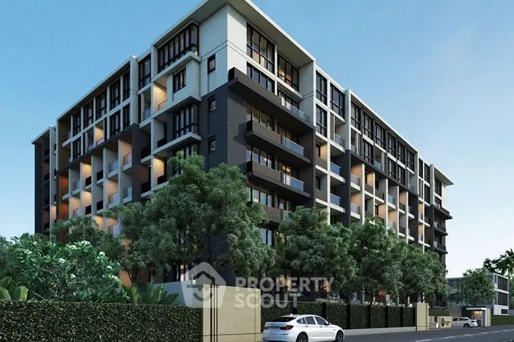 Modern apartment building with sleek design and lush greenery