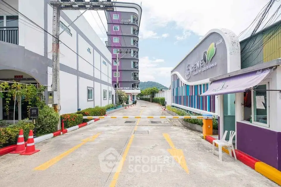 Modern building entrance with security barrier and clear pathway