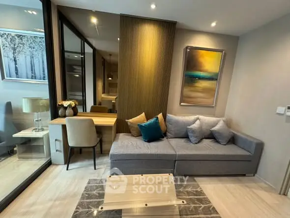 Modern living room with stylish decor and cozy seating area