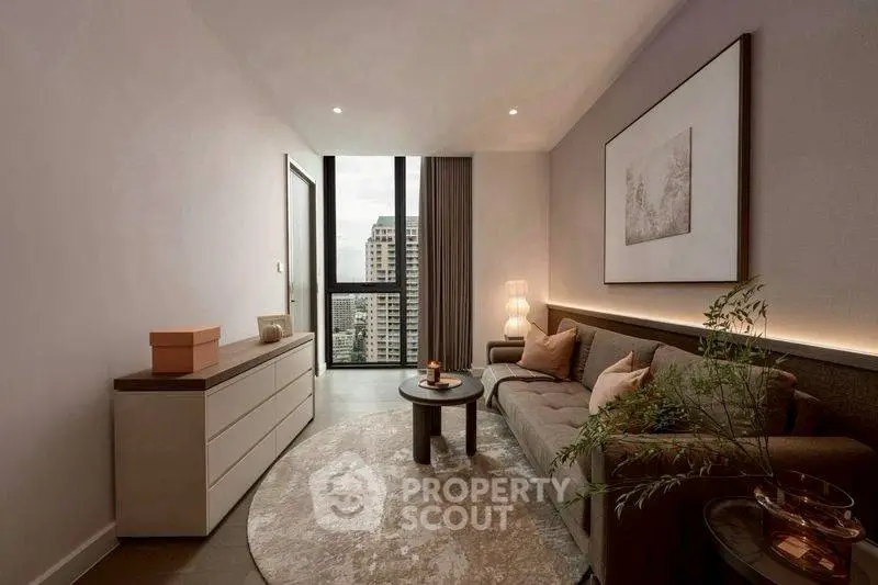 Modern living room with elegant decor and city view from large window.