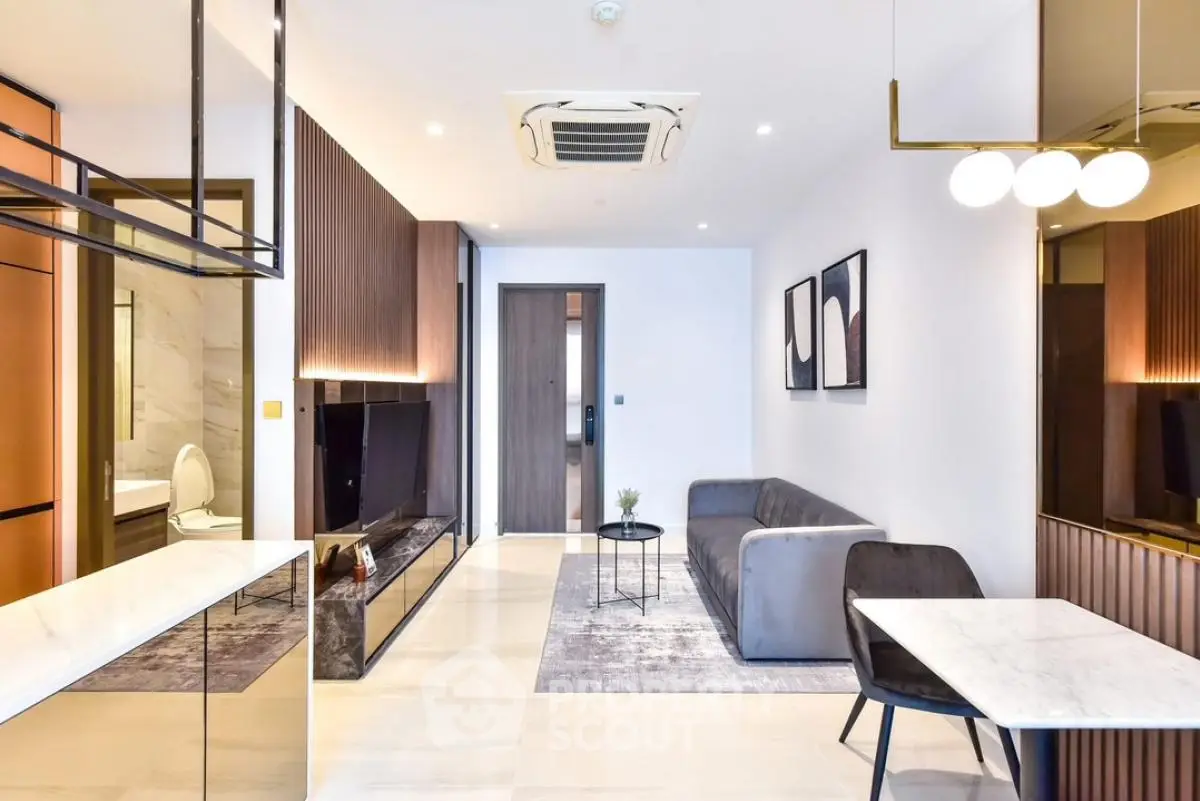 Modern living room with sleek design and stylish furniture in luxury apartment