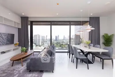 Modern living room with panoramic city view and elegant furniture