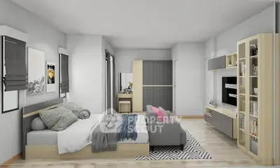 Modern bedroom with stylish decor and cozy seating area, perfect for relaxation and comfort.