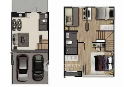 Modern two-story house floor plan with spacious living areas and two-car garage.